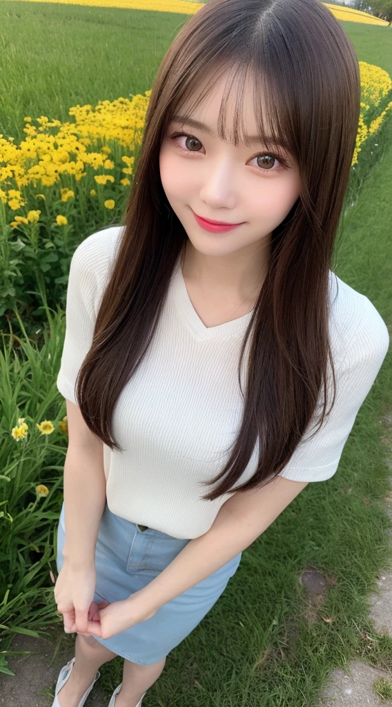Tabletop, Highest quality, shape, Very detailed, finely, High resolution, 8k wallpaper, 完璧なダイナミックな構shape, Beautiful and exquisite,ランダムなcute髪,,Natural color lip, 20-year-old girl、cute、Looking into the camera,Always blur the background,Perfect and beautiful face,Slim face and figure,Big eyes、Putting on gal makeup,Small face,Shooting from below、smile,Blurred Background,Elegant feminine face、Cyberpunk Fashion、smile、Change pose randomly、Randomly change the shooting angle and position、Flower Field、Cyberpunk Fashion,Normal anatomy、Use a drone to take pictures from the sky