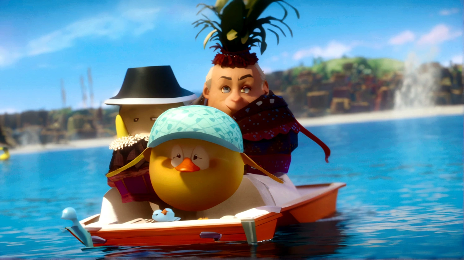 there are 5 ducks walking in a small boat on the water, with glass of lemon, and glasses, animated film, animated film still, animated film still, animated film shot, animated film still, animated film, 3 d animated film, epic 3d omolu, Sony Pictures Animation, screenshot from a movie, animation still screencap, animated film, ! scene from the film, animated scene from the film, still excited, animation still