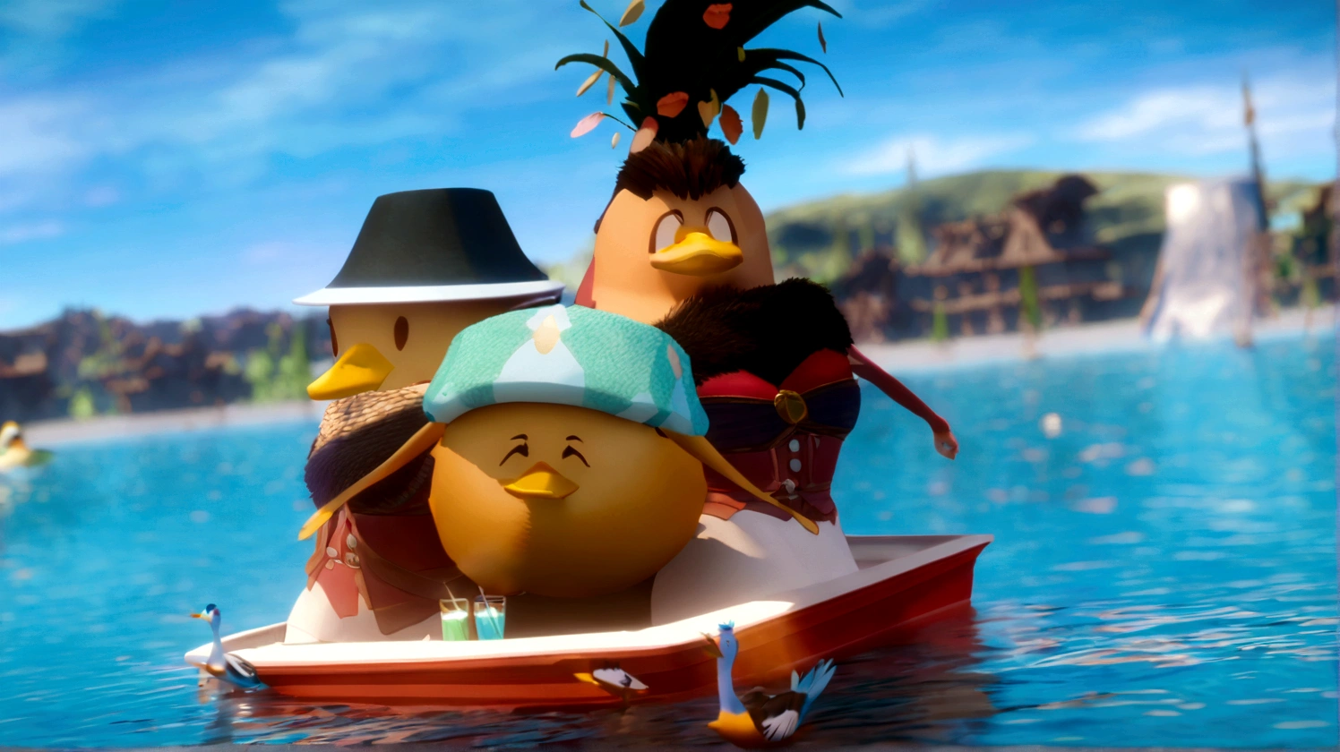 there are 5 ducks walking in a small boat on the water, with glass of lemon, and glasses, animated film, animated film still, animated film still, animated film shot, animated film still, animated film, 3 d animated film, epic 3d omolu, Sony Pictures Animation, screenshot from a movie, animation still screencap, animated film, ! scene from the film, animated scene from the film, still excited, animation still