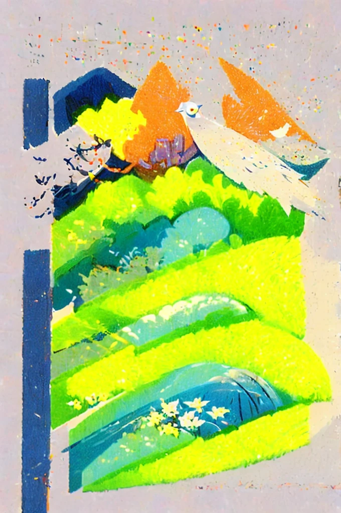 deep jungle, distant mountains, flying bird. Two-dimensional style, Bright and vibrant, Cherry blossoms cover the mountainside., sunrise can be seen in the distance, There is a meandering stream., There were a few daffodils on the shore., sunrise