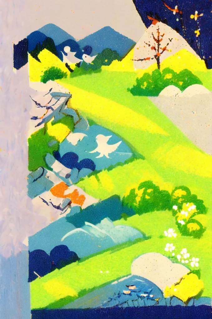 deep jungle, distant mountains, flying bird. Two-dimensional style, Bright and vibrant, Cherry blossoms cover the mountainside., sunrise can be seen in the distance, There is a meandering stream., There were a few daffodils on the shore., sunrise
