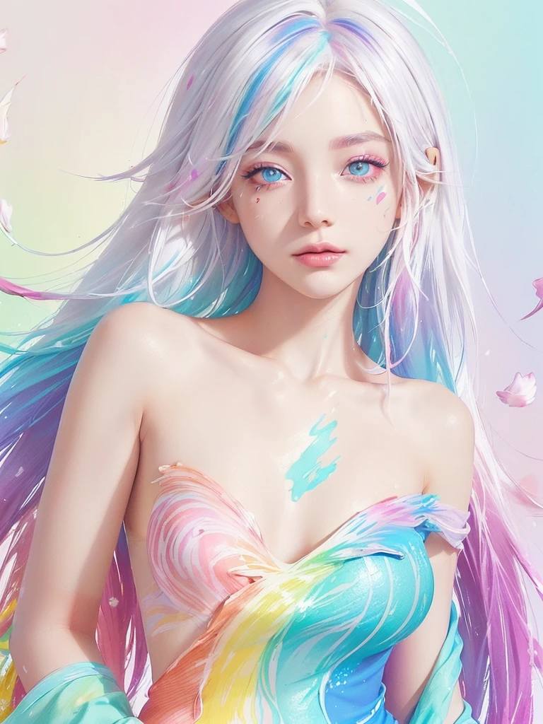 (Pink Fashion T-shirt:1.9),(Colorful hair: 1.8), (all the colours of the rainbow: 1.8),(((((vertical painting:1.6))), (painting:1.6),front, comics, illustrations, paintings, large eyes, crystal clear eyes,( rainbow color gradient high ponytail:1.7), exquisite makeup, closed mouth,(Small Fresh: 1.5),(Wipe Chest: 1.6) ,long eyelashes, white off shoulder T-shirt, White Shoulder Shirt,looking at the audience, large watery eyes, (rainbow colored hair:1.6), color splash, (solo:1.8), color splash, color explosion, thick paint style, messy lines, ((shining)),(colorful), (colorful), (colorful), colorful, Thick Paint Style, (Splash) (Color Splash), Vertical Painting, Upper Body, Paint Splash, Acrylic Pigment, Gradient, Paint, Highest Image Quality, Highest Quality, Masterpiece, Solo, Depth of Field, Face Paint, colorful clothes, (Elegant: 1.2), gorgeous,long hair, wind, (Elegant: 1.3), (Petals: 1.4),(((masterpiece))),(((best quality))),((ultra-detailed)),(illustration),(dynamic angle),((floating)),(paint),((disheveled hair)),(solo),(1girl) , (((detailed anima face))),((beautiful detailed face)),collar,bare shoulders,white hair, ((colorful hair)),((streaked hair)),beautiful detailed eyes,(Gradient color eyes),(((colorful eyes))),(((colorful background))),(((high saturation))),(((surrounded by colorful splashes))),