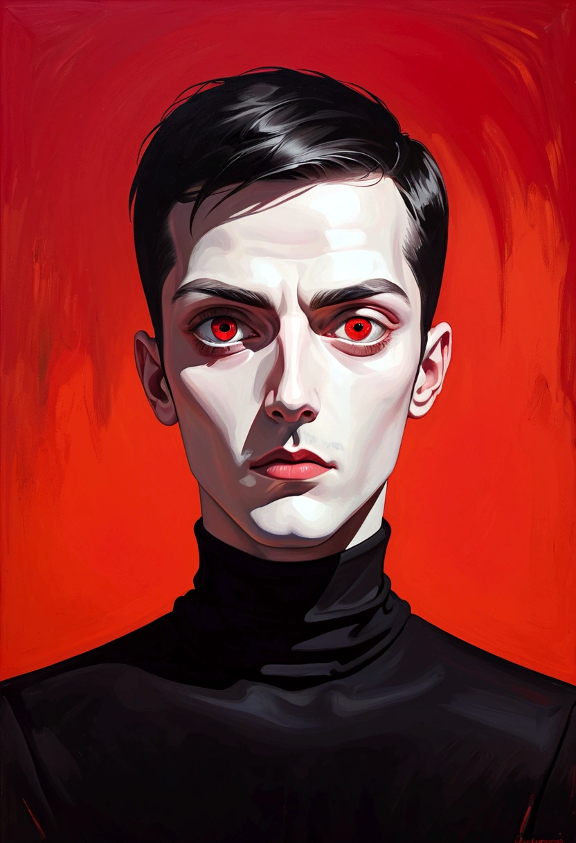 A surrealist portrait,Depicting a minimalist man,He has two eyes that shine white.,(((One-Eye))).And long eyelashes, Wearing a black turtleneck,Posing in front of a red background,