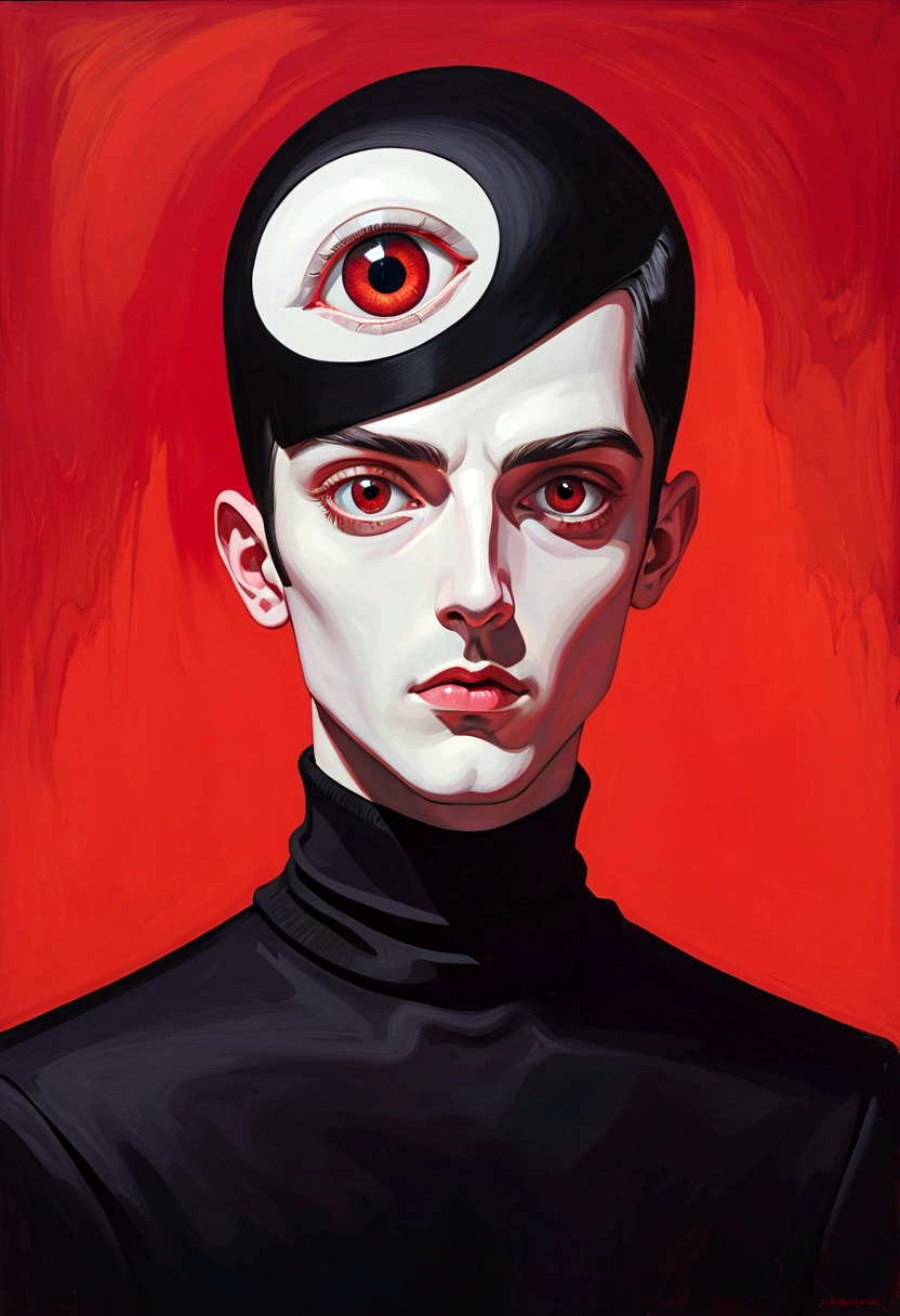 A surrealist portrait，Depicting a minimalist man，He has two eyes that shine white.，(((One-Eye))).And long eyelashes, Wearing a black turtleneck，Posing in front of a red background,