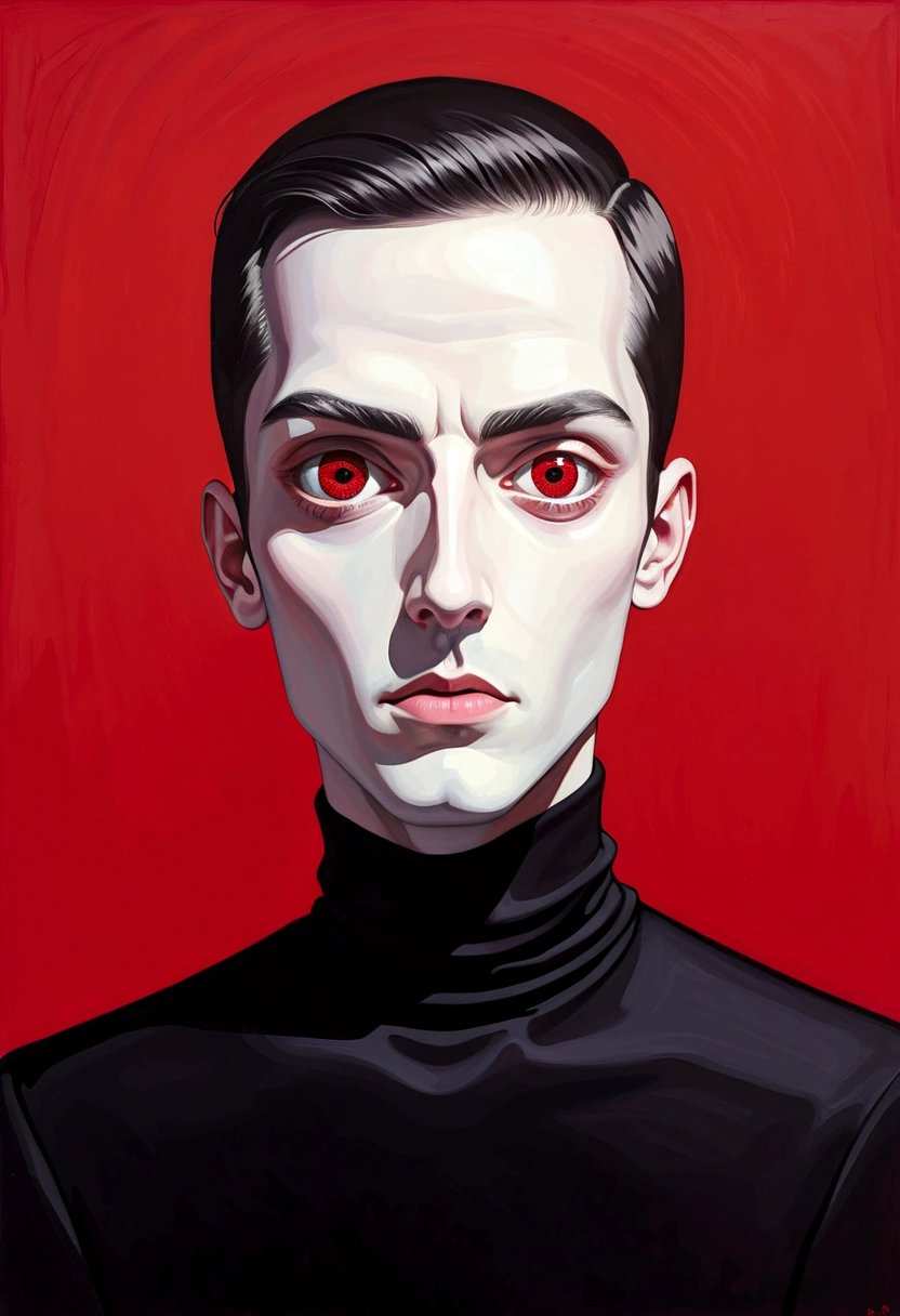 A surrealist portrait，Depicting a minimalist man，He has two eyes that shine white.，(((One-Eye))).And long eyelashes, Wearing a black turtleneck，Posing in front of a red background,