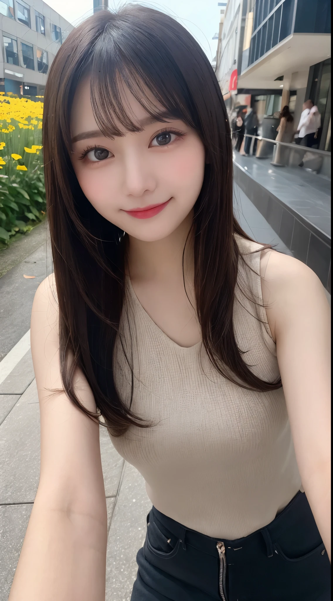 Tabletop, Highest quality, shape, Very detailed, finely, High resolution, 8k wallpaper, 完璧なダイナミックな構shape, Beautiful and exquisite,ランダムなcute髪,,Natural color lip, 20-year-old girl、cute、Looking into the camera,Always blur the background,Perfect and beautiful face,Slim face and figure,Big eyes、Putting on gal makeup,Small face,Shooting from below、smile,Blurred Background,Elegant feminine face、Cyberpunk Fashion、smile、Change pose randomly、Randomly change the shooting angle and position、Flower Field、Cyberpunk Fashion,Normal anatomy