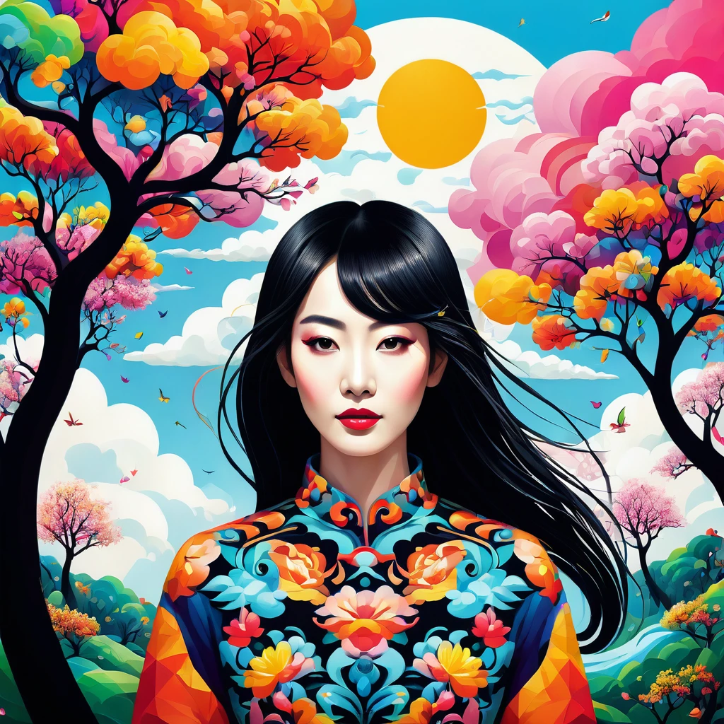 (work of art, best qualityer:1.2),art illustration,portrait of black,often neck,hair through the clouds,Bai Yun,The composition,Sewing,dislocation,trees, multicolor, , contrasting colours, in the spring landscape, Abstract surreal colors,rich and colorful, popular geometric surrealism, sonho multicocon Design, Rozmin Trip, vectorial art,exaggerated expression,