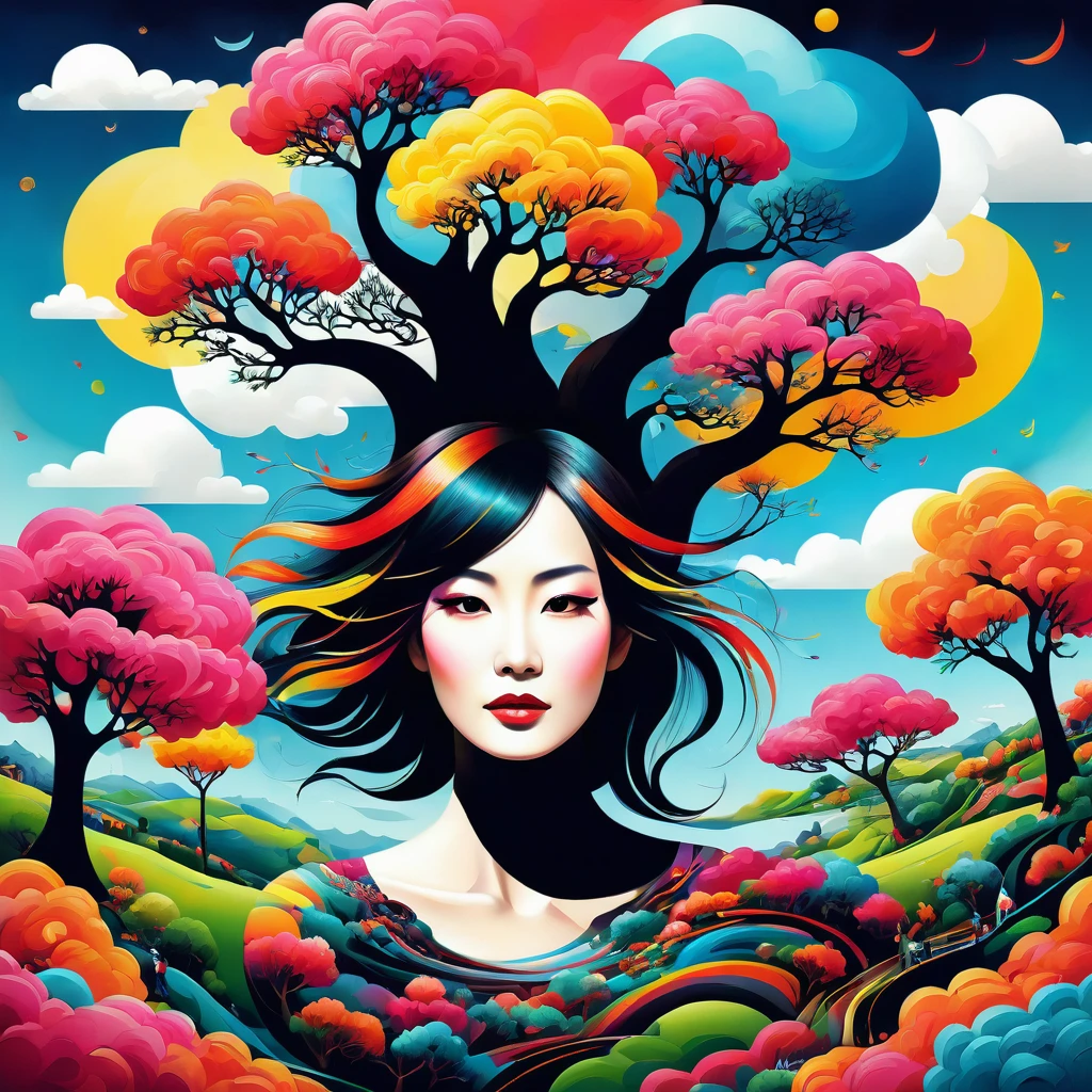(work of art, best qualityer:1.2),art illustration,portrait of black,often neck,hair through the clouds,Bai Yun,The composition,Sewing,dislocation,trees, multicolor, , contrasting colours, in the spring landscape, Abstract surreal colors,rich and colorful, popular geometric surrealism, sonho multicocon Design, Rozmin Trip, vectorial art,exaggerated expression,