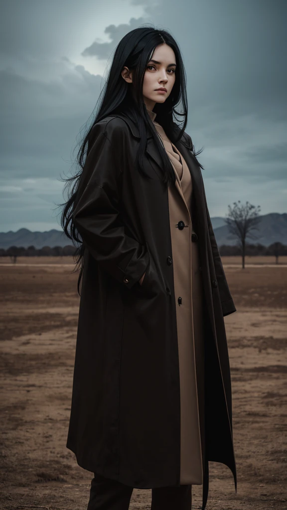 A creepy and mysterious looking woman with long black hair, holding a pair of scissors in her right hand, wearing a brown coat and standing in front of a tree with a barren sky in the background.