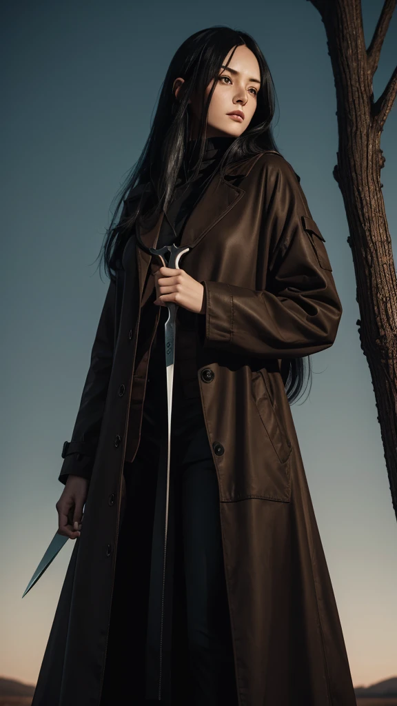 A creepy and mysterious looking woman with long black hair, holding a pair of scissors in her right hand, wearing a brown coat and standing in front of a tree with a barren sky in the background.
