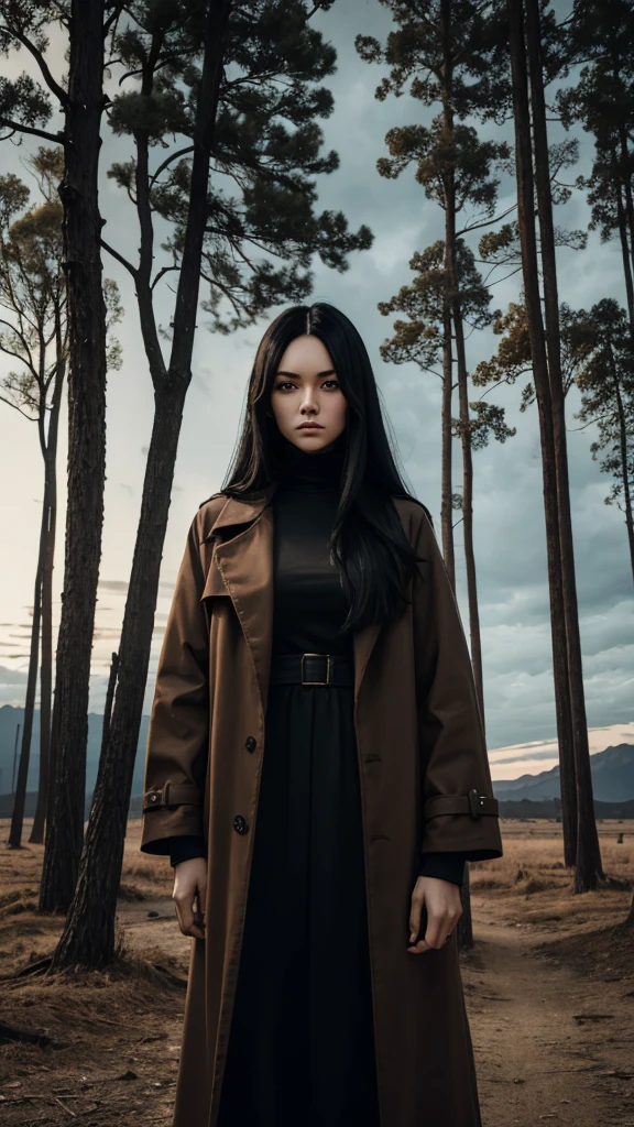 A creepy and mysterious looking woman with long black hair, holding a pair of scissors in her right hand, wearing a brown coat and standing in front of a tree with a barren sky in the background.