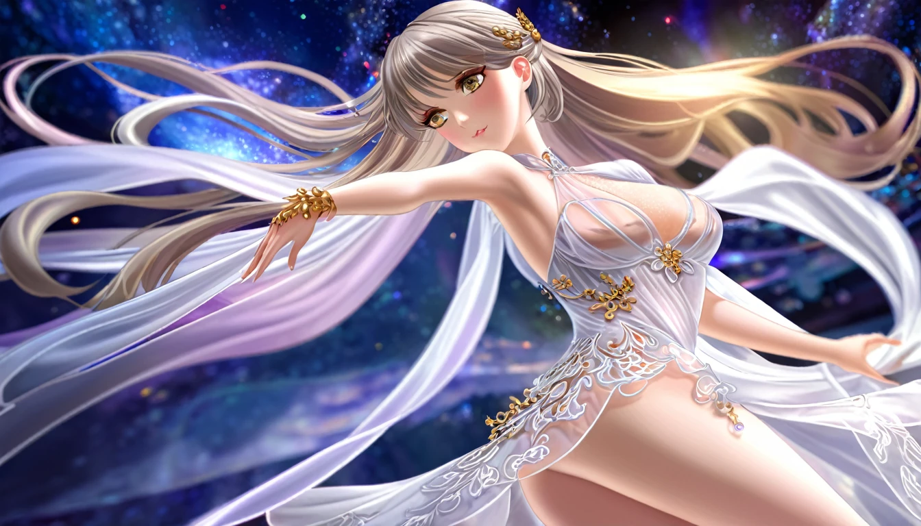 Woman in transparent dress,Viewer,(((Full breasts, Keeley University))),Slim waist,(Navel exposed,Bare waist), Long hair, extreme detailed details, Detailed fantasy art, Stunning character art, Beautiful and exquisite character art, Beautiful transparent dress, Very detailed, Girl wearing flowing Hanfu, Exquisite headpieces and jewellery,Crystal jewelry filigree, galaxy, Stunning visuals, (Dynamic Stripes, light rail:1.2), Vibrant colors,Long hair动漫女孩和狐狸, 美丽的白金色Angel女士, 白毛Angel, Beautiful character painting, Beautiful anime portrait, Angel翅膀的女孩, a beautiful Angel woman, Mystical artwork, Guweiz, by Ren Renfa, Angel, Large Breasts,Full breasts,Golden ratio figure,Perfect body,Ultra wide-angle shooting,Full body shot,Body close-up,Full body shot,Wearing a pleated tulle skirt,Soft anime illustration, Soft dark background,Fujifilm XT3 Clear focus, f 5.6, High Detail, Clear focus, Dramatic, (Wearing openwork clothing), (Looking at the audience:1.8), (Natural light), (Tempting)translucent, Good velvet quality, Compared, Divine Light,, Silver gray hair, Sky background, Absolute Strength,女性Angel,Girl in sexy silk,,Large Breasts,Full breasts,Golden ratio figure,Perfect body,Ultra wide-angle shooting,Full body shot,Body close-up,Full body shot, Wearing a tulle dress, Model shooting style, Large Breasts,Full breasts,Golden ratio figure,Perfect body,(Extremely detailed CG 8k wallpaper unit), The most beautiful artistic photos in the world, , 8K Ultra HD, ) On the big white bed,Lazy gesture,Charming and seductive expression,best quality,masterpiece,Ultra-high resolution,(Practical:1.4),original photo,Ultra-high resolution,White skin,Exquisite makeup,Long legs,Bright beautiful eyes,用深色眼影打造Exquisite makeup,