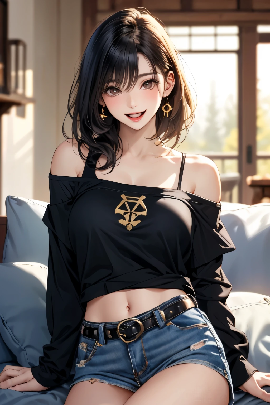 (masterpiece:1.2, top-quality, ultra high res, ultra detailed), (realistic, photorealistic:1.4), beautiful illustration, (perfect lighting, natural side lighting, movie lighting),
looking at viewer, 1 girl, japanese, high school girl, perfect face, (perfect anatomy), cute and symmetrical face, shiny skin, slender,
(short hair:1.5, pixie cut:1.4, blond hair), bangs pinned back, gold eyes, long eye lasher, (large :0.6, thick thighs),
beautiful hair, beautiful face, beautiful detailed eyes, beautiful clavicle, beautiful body, beautiful chest, beautiful thigh, beautiful legs,
(((long sleeve black string chilled off shoulder t-shirt), black tank top, denim mini skirt)),
(beautiful scenery), depth of field, night, (living room), yokozuwari, (wink, lovely smile, open mouth),