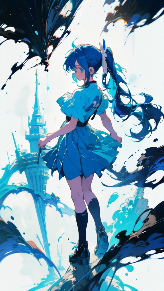 Blue-haired side ponytail,Design clothing,Seven-doppelganger shot,Anime style 4K,Anime girl with teal hair,High quality anime art style,Standing painting,Splash ink background,Blue Themes、Pure white background,Buildings,Huge tower