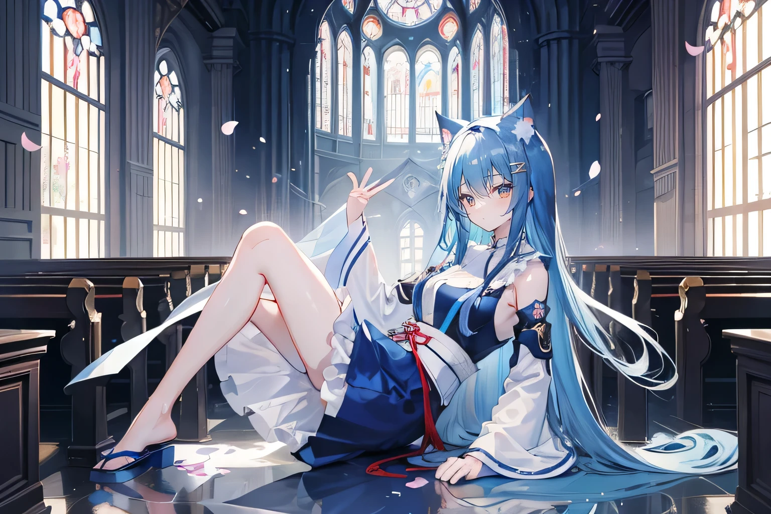 (masterpiece:1.2),Extremely detailed,Practical,expressive eyes,Fair skin,Perfect face shaping,1 Girl,
Japanese cartoons,Gorgeous blue hair, the long flowing blue hair,Floating clothes,Cat ears,Petals fall,beautiful lola,Young Angel,
Place your hands on your waist,sit elegantly on the ground,Cross your legs,Gentle and peaceful background,church,Nun's Clothes,back view,lie on the water,Large Breasts, H Cup, Good breasts, Place your hands on your waist,beautiful, Gorgeous,Japanese cartoons,girl,Lola,Hina Angel, Blue Hair, Blue Haired,Tent breasts, tent box, tent chest, Floating clothes,Grab your waist, Grab your waist, Hands on Hips , hands on hips,sit, sit on ground, Legs on the ground.