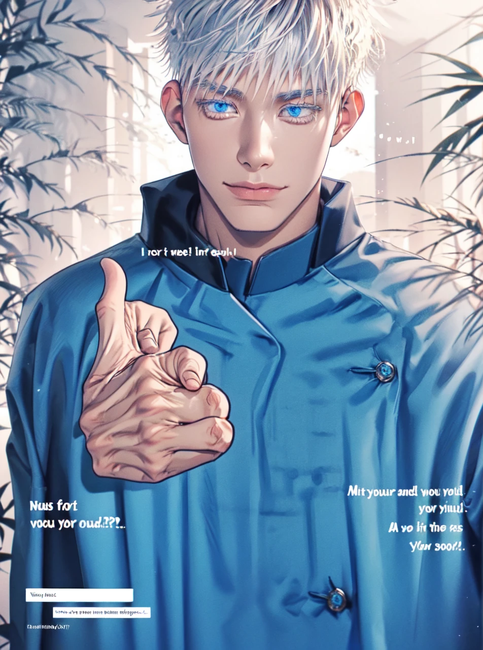 Incrs404,english text,Written On Clothes,1male,portrait,satoru gojo,white hair,short hair,hair between eyes,blue eyes,colored eyelashses,(thumbs_up:1.4),(cowboy_shot:1.3),