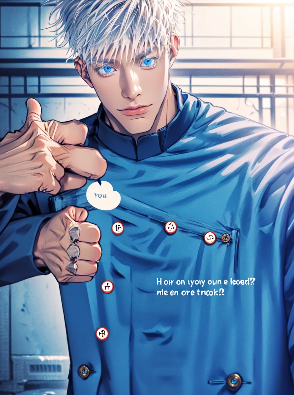 Incrs404,english text,Written On Clothes,1male,portrait,satoru gojo,white hair,short hair,hair between eyes,blue eyes,colored eyelashses,(thumbs_up:1.4),(cowboy_shot:1.3),