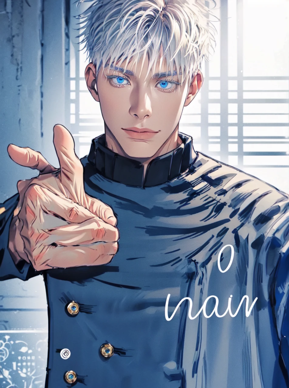Incrs404,english text,Written On Clothes,1male,portrait,satoru gojo,white hair,short hair,hair between eyes,blue eyes,colored eyelashses,(thumbs_up:1.4),(cowboy_shot:1.3),