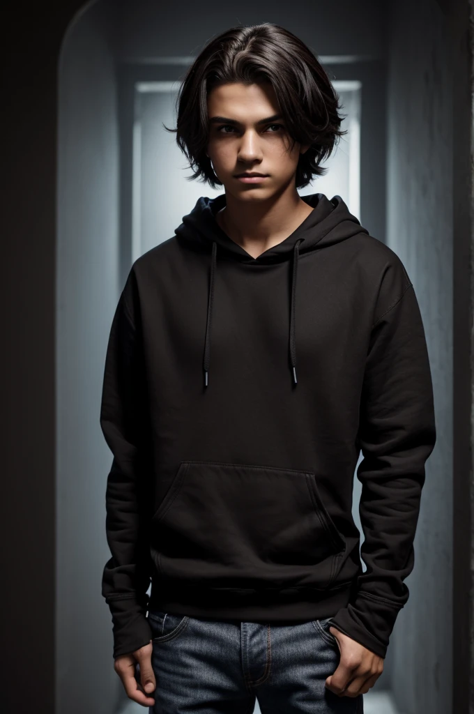 termale A teenage boy with shoulder-length dark brown hair somewhat resembling emo style with shadows around, dark brown eyes not so dark, medium pale skin, mole on the right cheekbone, not so noticeable, medium loose black hoodie not so close to the body, dark gray blue jeans, medium loose not so tight, slightly loose, black gloves without covering the fingers, cry of fear game design style