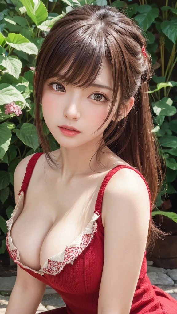 masutepiece, Best Quality, Illustration, Ultra-detailed, finely detail, hight resolution, 8K Wallpaper, Perfect dynamic composition, Beautiful detailed eyes, Natural Lip, red knitted dress , Big breasts, cleavage