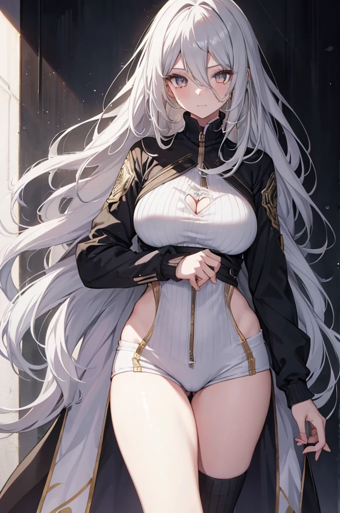 1girl, {Solitary}, Upper Body ,{{ {Watching at viewer}}}, Arms at your sides, Concept Art, white Background, simple Background, White hair, Silver gradient hair , Composite cloth, Virtual YouTuber, best quality, masterpiece, Dynamic Angle, Watching_Back, grab, girl,Miss,woman, young,20 years old, Very long hair, Hair Flip, Silver Hair, Flowing hair, Ahog, giggle, Beautiful and delicate golden eyes, teeth, Large Breasts, Blonde eyes, White skin,, Black_shorts, Gray clothes, transparent_Background, Backlighting, absurd, high resolution, Extremely detailed,sweater,No pants,Nice thigh root