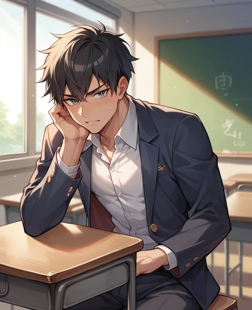 Handsome, high school boy wearing a blazer, cute boy, classroom, sexy, black hair, Japanese boy