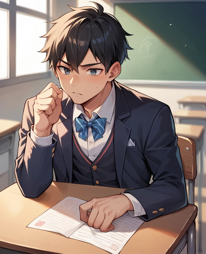 Handsome, high school boy wearing a blazer, cute boy, classroom, sexy, black hair, Japanese boy