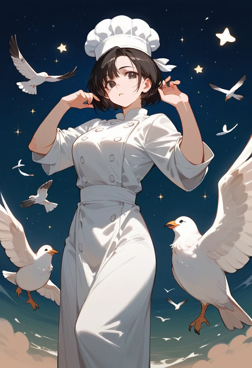 NSFW,(Highest quality:1.3), (Top performance:1.2), (Best illustrations:1.2),whole body,Full Art,Bird,One Girl,Black Hair,Short Bob Hair,Round and curvy hairstyle,Dark Eyes,Stars in the eyes,Seagull,white hunting hat,Chef&#39;s uniform,mini skirt,Black knee socks,White sneakers,A big smile,Have a notepad and pen,Inside a flying airship,People around