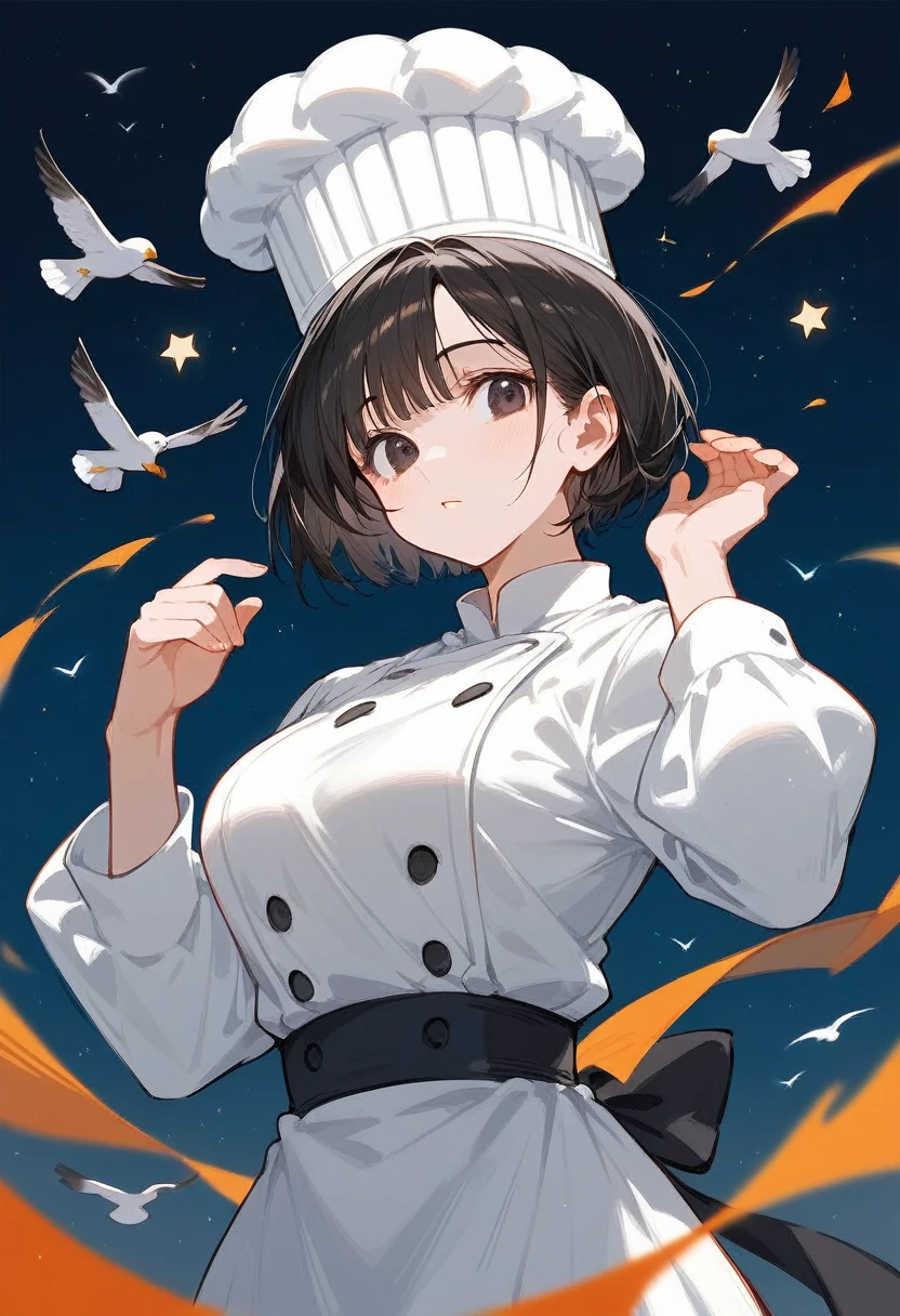 NSFW,(Highest quality:1.3), (Top performance:1.2), (Best illustrations:1.2),whole body,Full Art,Bird,One Girl,Black Hair,Short Bob Hair,Round and curvy hairstyle,Dark Eyes,Stars in the eyes,Seagull,white hunting hat,Chef's uniform,mini skirt,Black knee socks,White sneakers,A big smile,Have a notepad and pen,Inside a flying airship,People around