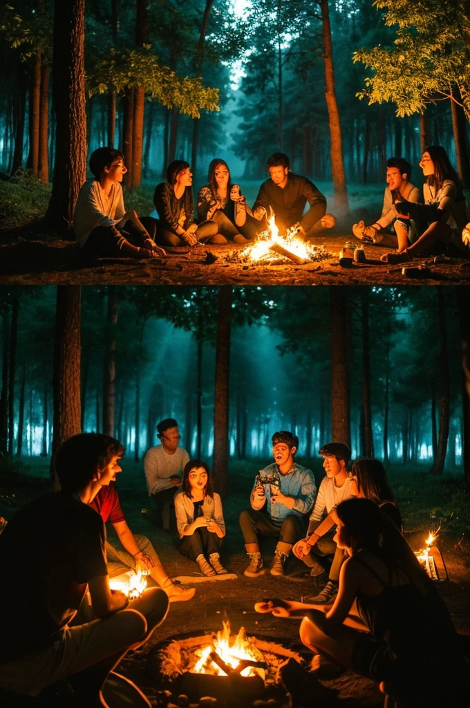 draw people gathered around a fire in the forest ,Playing the guitar ,singing songs ,there is a night vibe