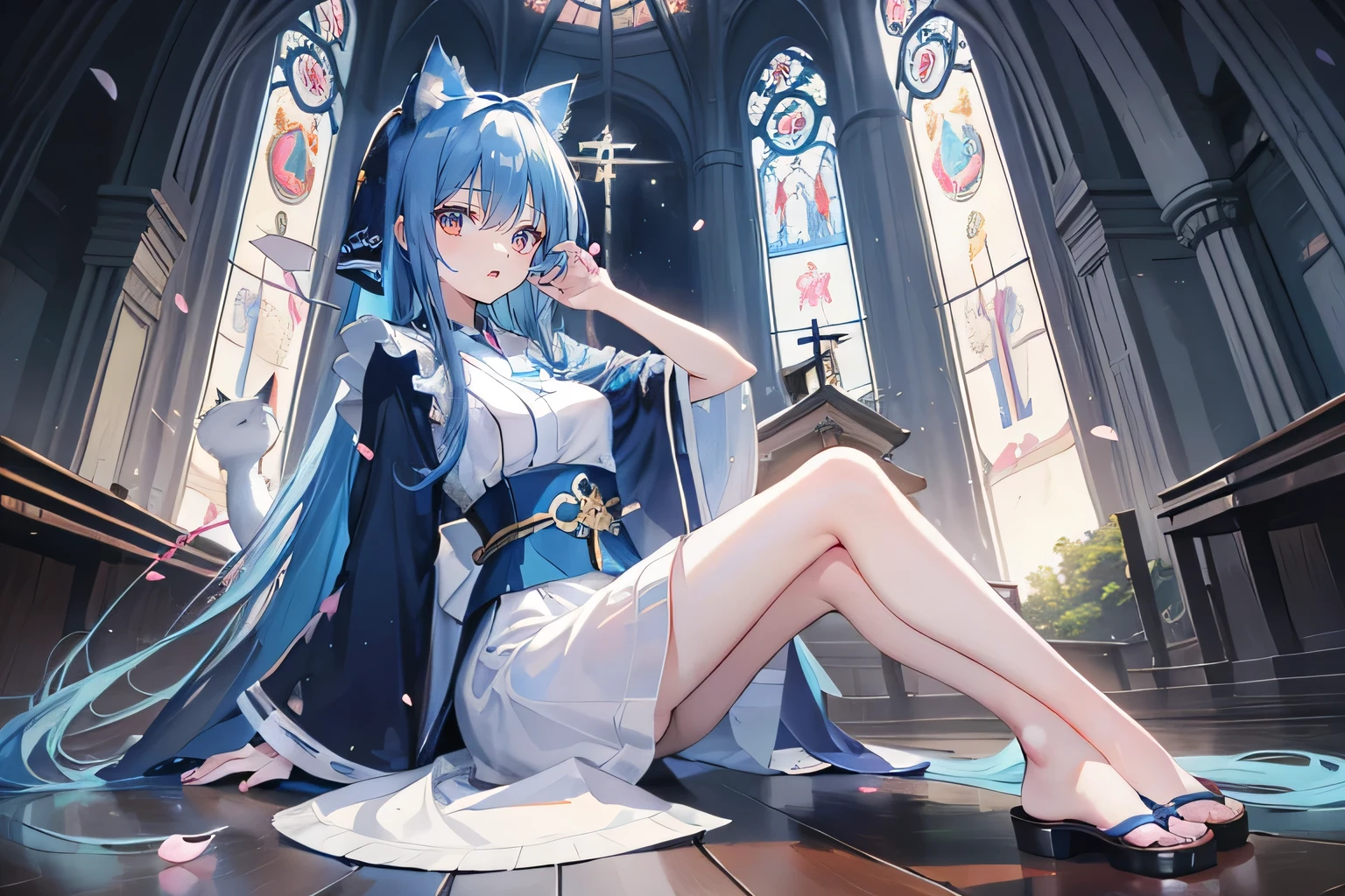 (masterpiece:1.2),Extremely detailed,Practical,expressive eyes,Fair skin,Perfect face shaping,1 Girl,
Japanese cartoons,Gorgeous blue hair, the long flowing blue hair,Floating clothes,Cat ears,Petals fall,beautiful lola,Young Angel,
Place your hands on your waist,sit elegantly on the ground,Cross your legs,Gentle and peaceful background,church,Nun&#39;s Clothes,back view,lie on the water,Large Breasts, H Cup, Good breasts, Place your hands on your waist,beautiful, Gorgeous,Japanese cartoons,girl,Lola,Hina Angel, Blue Hair, Blue Haired,Tent breasts, tent box, tent chest, Floating clothes,Grab your waist, Grab your waist, Hands on Hips , hands on hips,sit, sit on ground, Legs on the ground. 