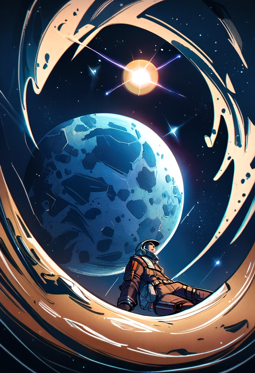Anime guy sitting on the floor looking at the planet, space cowboy, cyber space cowboy, inspired by Josan González, makoto shinkai ( apex legends ), akira art style, ross tran style, akira vibes, akira art style, floating alongside the planets, josan gonzales, sci - fi art!!!!!!!, josan gonzales!!!, in space, Modern sci-fi anime