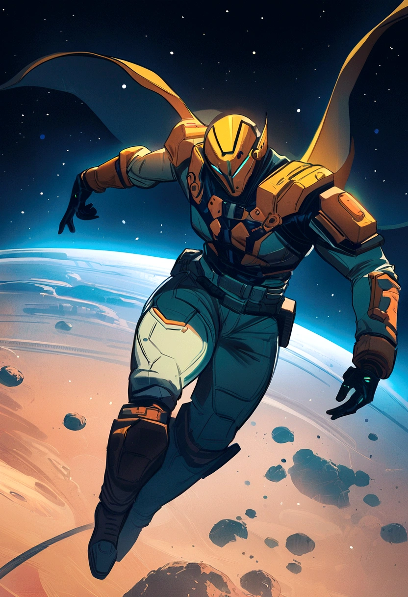 Anime guy sitting on the floor looking at the planet, space cowboy, cyber space cowboy, inspired by Josan González, makoto shinkai ( apex legends ), akira art style, ross tran style, akira vibes, akira art style, floating alongside the planets, josan gonzales, sci - fi art!!!!!!!, josan gonzales!!!, in space, Modern sci-fi anime
