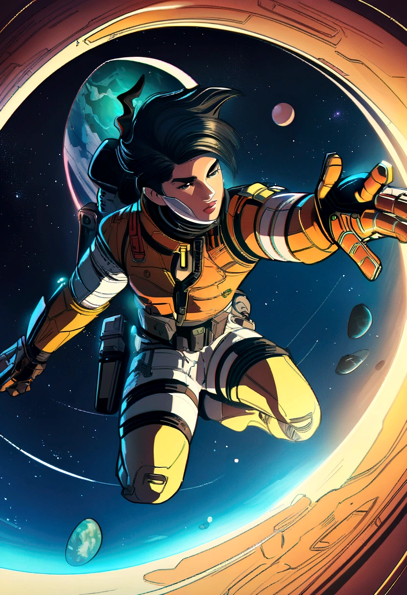 Anime guy sitting on the floor looking at the planet, space cowboy, cyber space cowboy, inspired by Josan González, makoto shinkai ( apex legends ), akira art style, ross tran style, akira vibes, akira art style, floating alongside the planets, josan gonzales, sci - fi art!!!!!!!, josan gonzales!!!, in space, Modern sci-fi anime