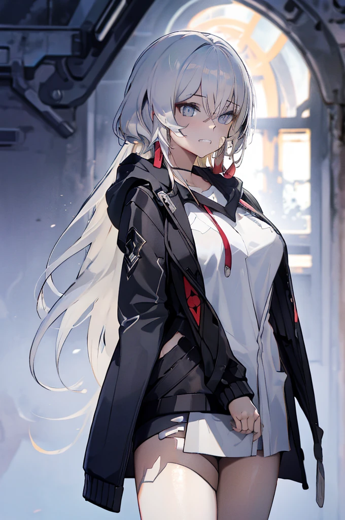 1girl, {Solitary}, Upper Body ,{{ {Watching at viewer}}}, Arms at your sides, Concept Art, white Background, simple Background, White hair, Silver gradient hair , Composite cloth, Asymmetrical clothes, Virtual YouTuber, best quality, masterpiece, Dynamic Angle, , cowboy_shooting, Watching_Back, grab, girl,Miss,woman, young,20 years old, Very long hair, Hair Flip, Silver Hair, Flowing hair, Ahog, giggle, Beautiful and delicate golden eyes, teeth, Large Breasts, Blonde eyes, White skin, hoodie, Black_shorts, Gray clothes, transparent_Background, Backlighting, absurd, high resolution, Extremely detailed,sweater,No pants