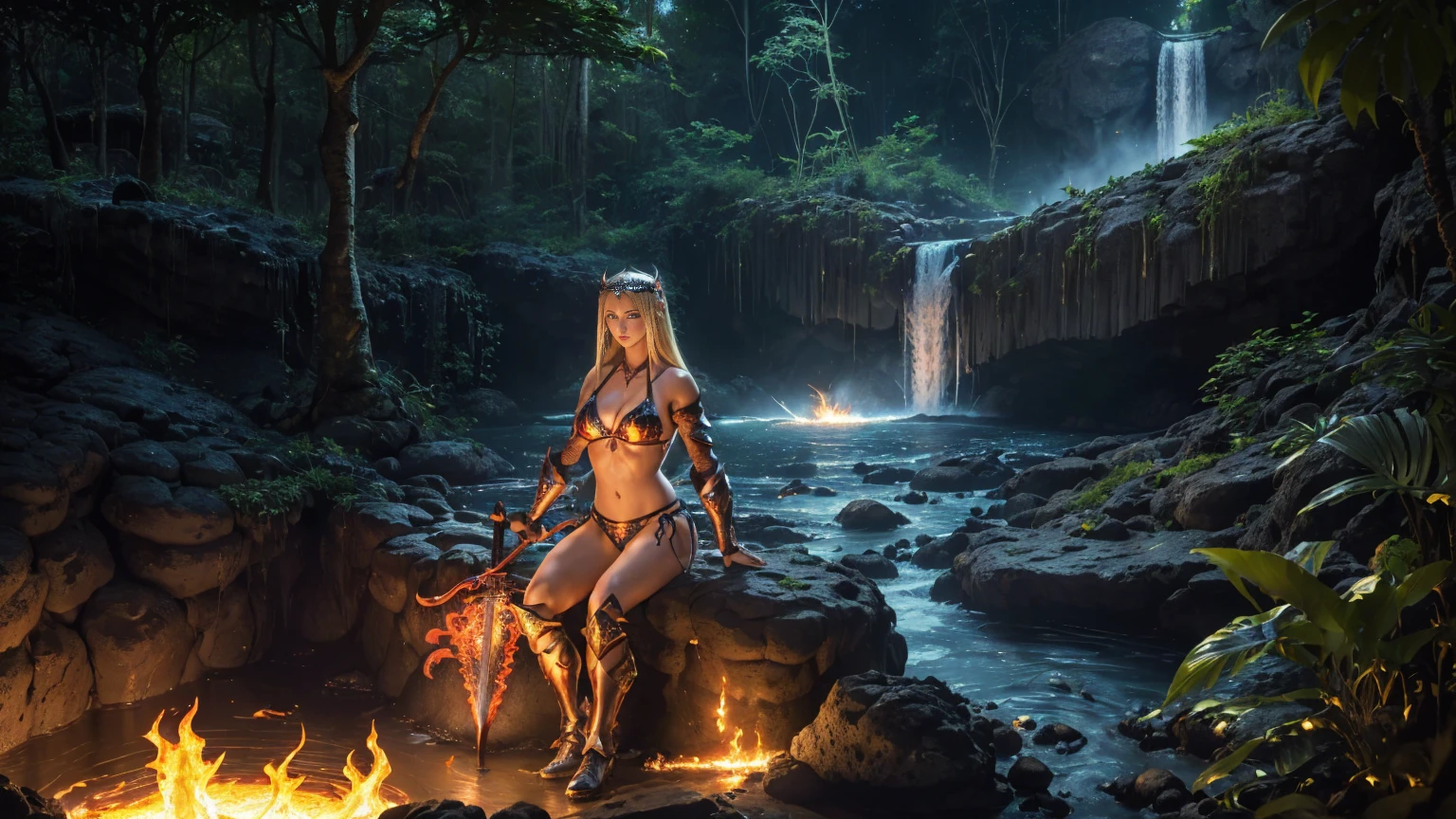 In a (lush jungle:1.3) setting, in the middle of the misty veil formed by (majestic waterfalls:1.3), a sublime blonde warrior sits on a rock, her gaze piercing directly into the camera lens. The (dark night sky:1.3) above is lit by a (fiery red moon), casting an unearthly glow. A (brazier) projects its glow on thé girl. A magnificent (huge claymore planted in a rock:1.5). Her perfect physique is highlighted by (beautiful bikini armor:1.5) adorned with (lava and flames:1.3). Her (black tiara), made from (black horns), rests on her long blonde hair and she wears a sensual smile. The gentle flow of the river creates a calming hum, while the warrior's confidence radiates through the cinematic frame. (Darkness:1.3). (Lava Armor, flames Armor, Big pike armor:1.3)