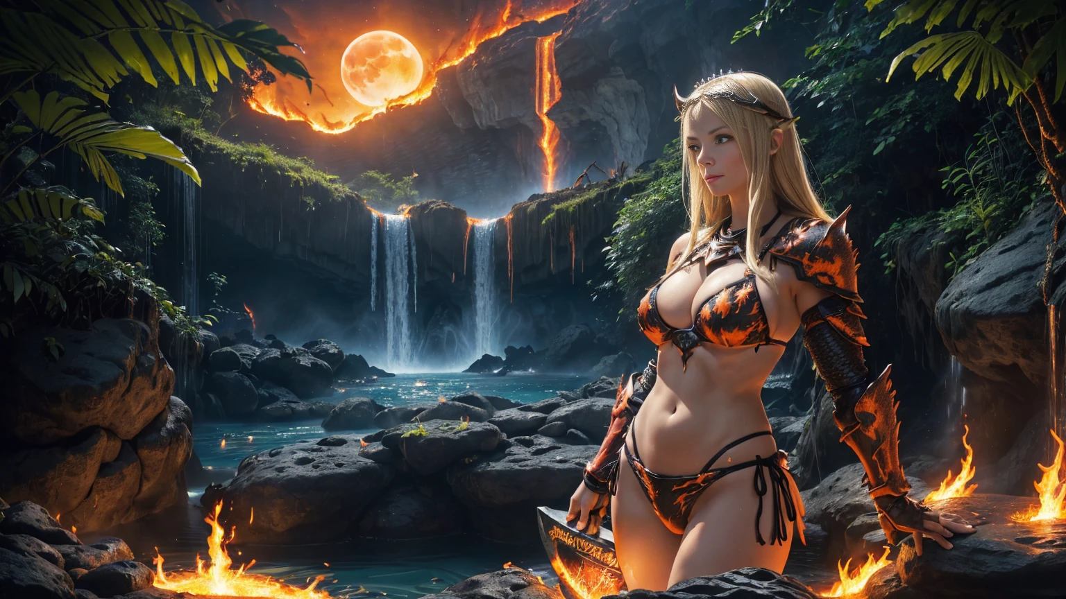 In a (lush jungle:1.3) setting, in the middle of the misty veil formed by (majestic waterfalls:1.3), a sublime blonde warrior sits on a rock, her gaze piercing directly into the camera lens. The (dark night sky:1.3) above is lit by a (fiery red moon), casting an unearthly glow. A (brazier) projects its glow on thé girl. A magnificent (huge claymore planted in a rock:1.5). Her perfect physique is highlighted by (beautiful bikini armor:1.5) adorned with (lava and flames:1.3). Her (black tiara), made from (black horns), rests on her long blonde hair and she wears a sensual smile. The gentle flow of the river creates a calming hum, while the warrior's confidence radiates through the cinematic frame. (Darkness:1.3). (Lava Armor, flames Armor, Big pike armor:1.3)
