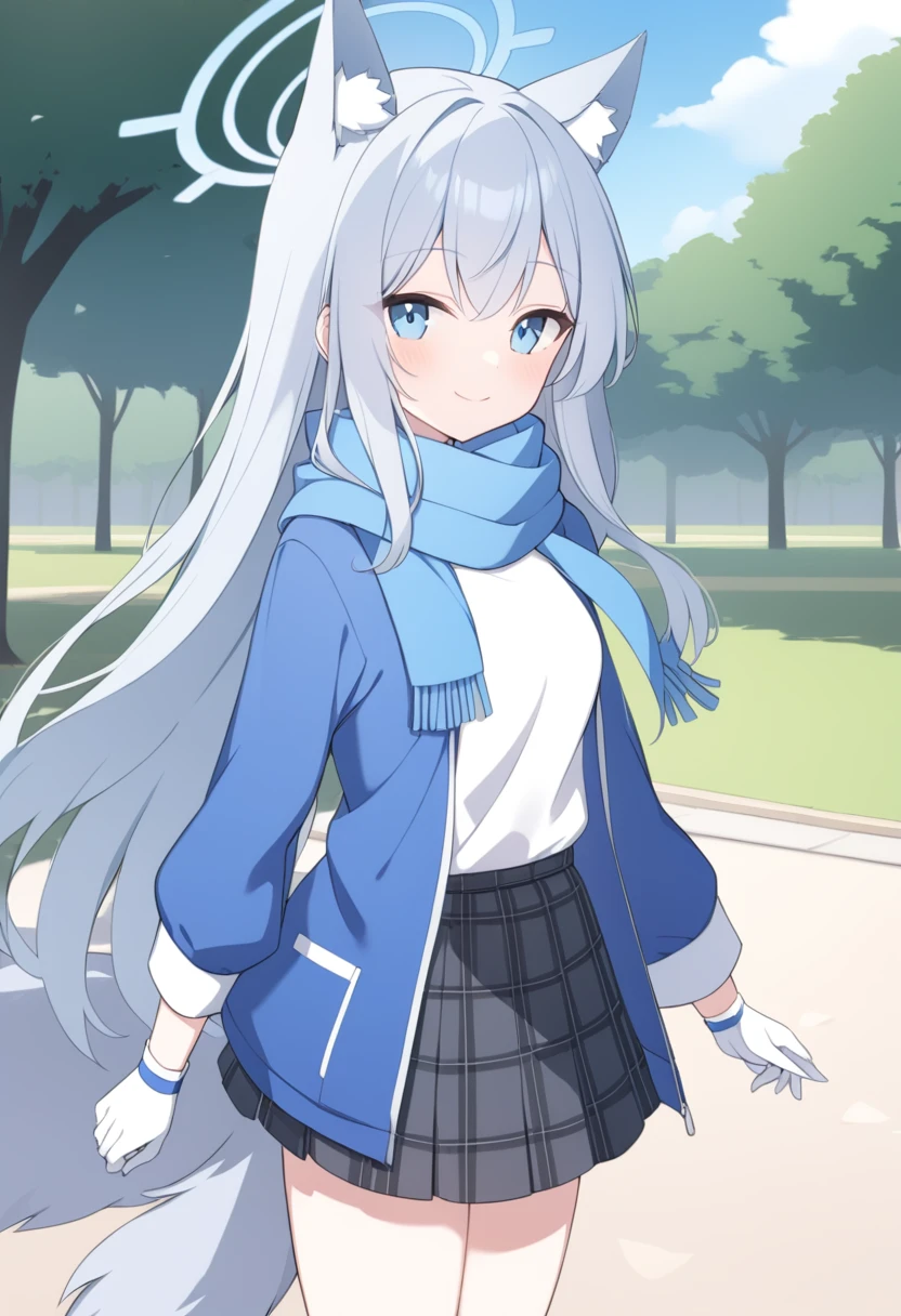 girl，Silver long hair, blue eyes, Wearing a blue hooded jacket,戴着Blue hood，A sky blue scarf, A white T-shirt, White gloves, And black plaid skirt, Standing in the park，Smile, blue halo，Blue hood，戴着Blue hood，Gray wolf ears