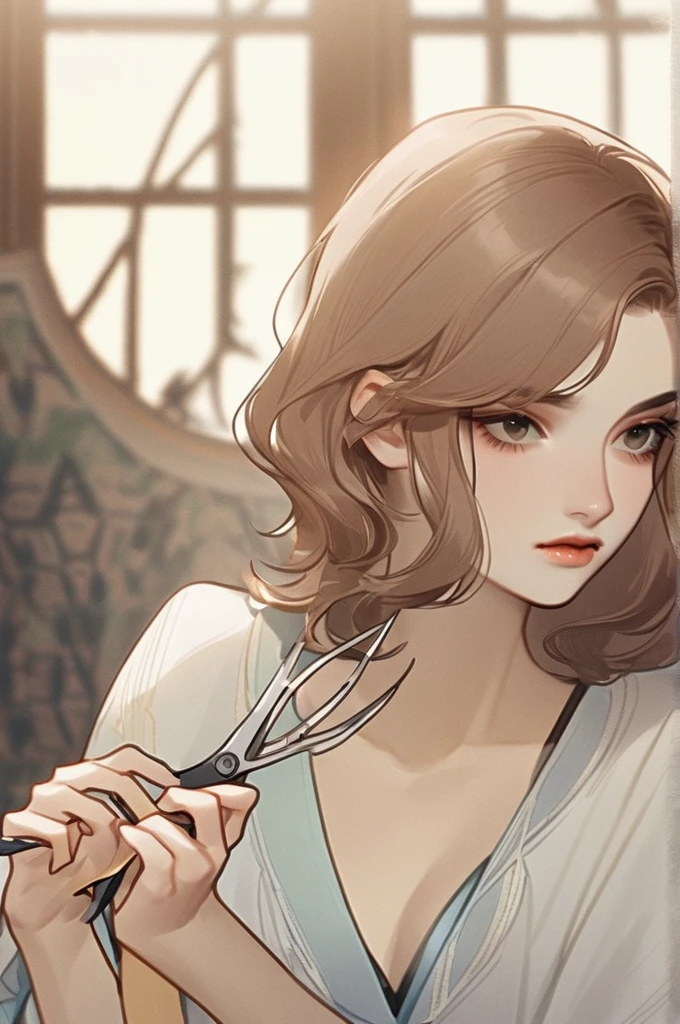 ((Лучшее качество)), ((шедевр)), (подробный), A girl with brown hair in a bikini holds scissors in her hands