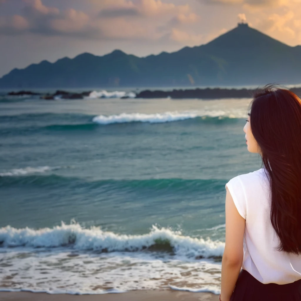There is an Asian woman standing on the beach looking at the sea, girl looking at the sea waves,Standing on the beach of Taiwan, looking at the sea, beautiful girl, Beach under the sun, looking at the ocean, looking at the ocean, Ocean in the background, The background is the real Taiwan scenery
