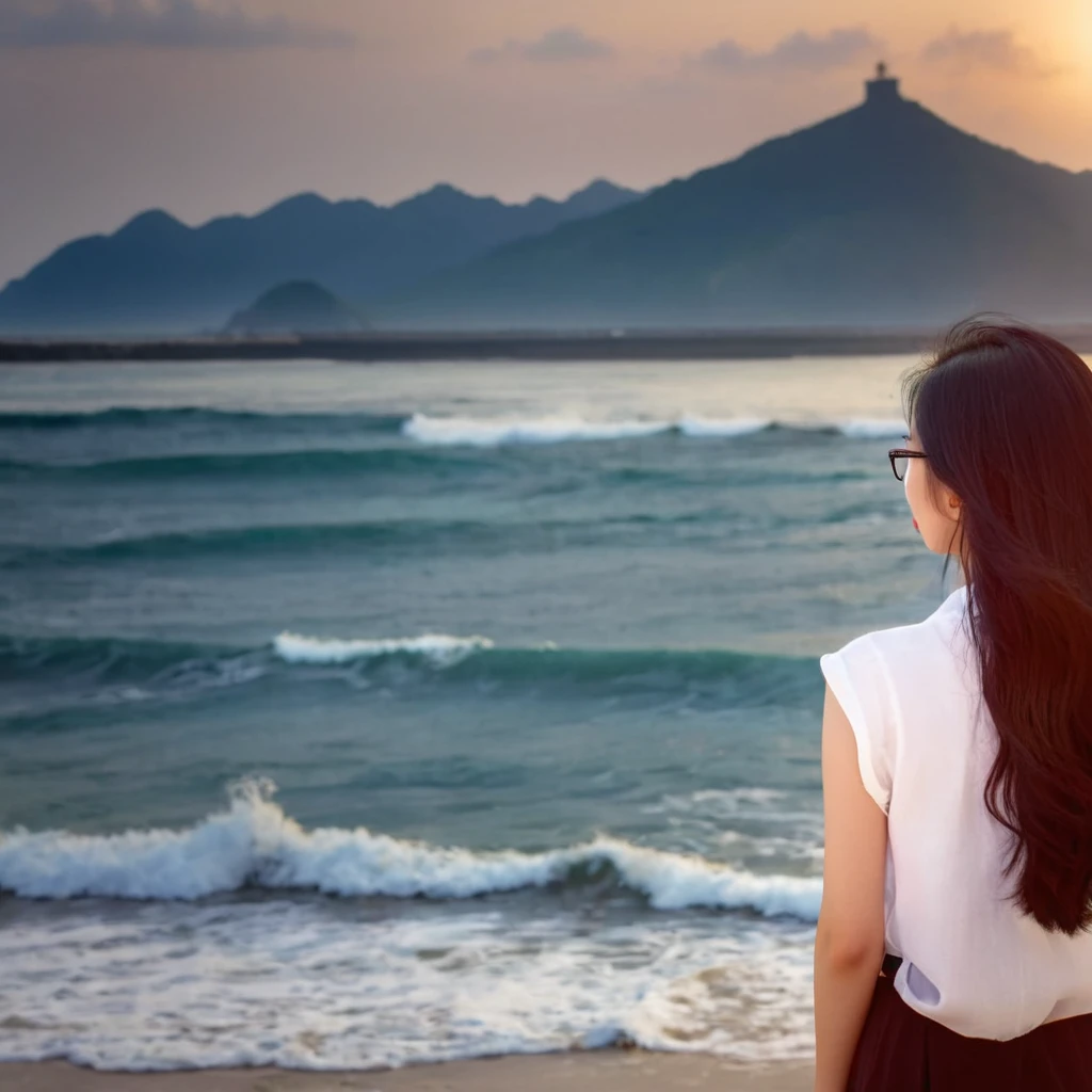 There is an Asian woman standing on the beach looking at the sea, girl looking at the sea waves,Standing on the beach of Taiwan, looking at the sea, beautiful girl, Beach under the sun, looking at the ocean, looking at the ocean, Ocean in the background, The background is the real Taiwan scenery
