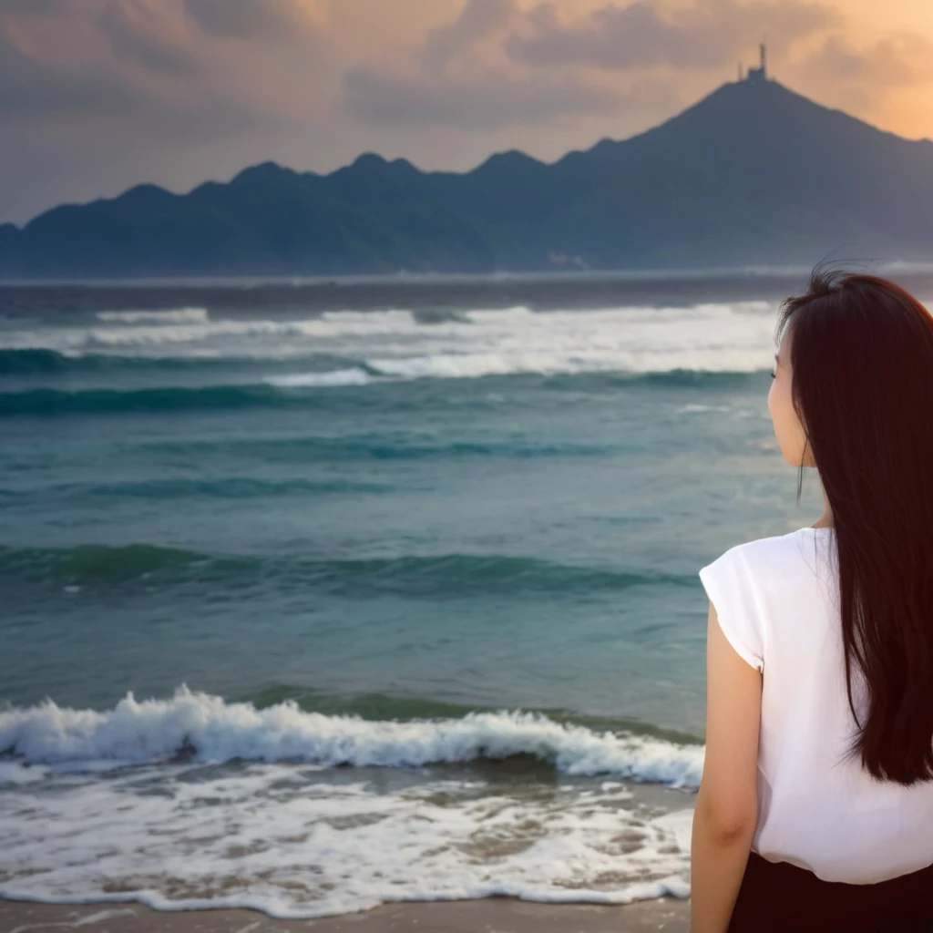 There is an Asian woman standing on the beach looking at the sea, girl looking at the sea waves,Standing on the beach of Taiwan, looking at the sea, beautiful girl, Beach under the sun, looking at the ocean, looking at the ocean, Ocean in the background, The background is the real Taiwan scenery