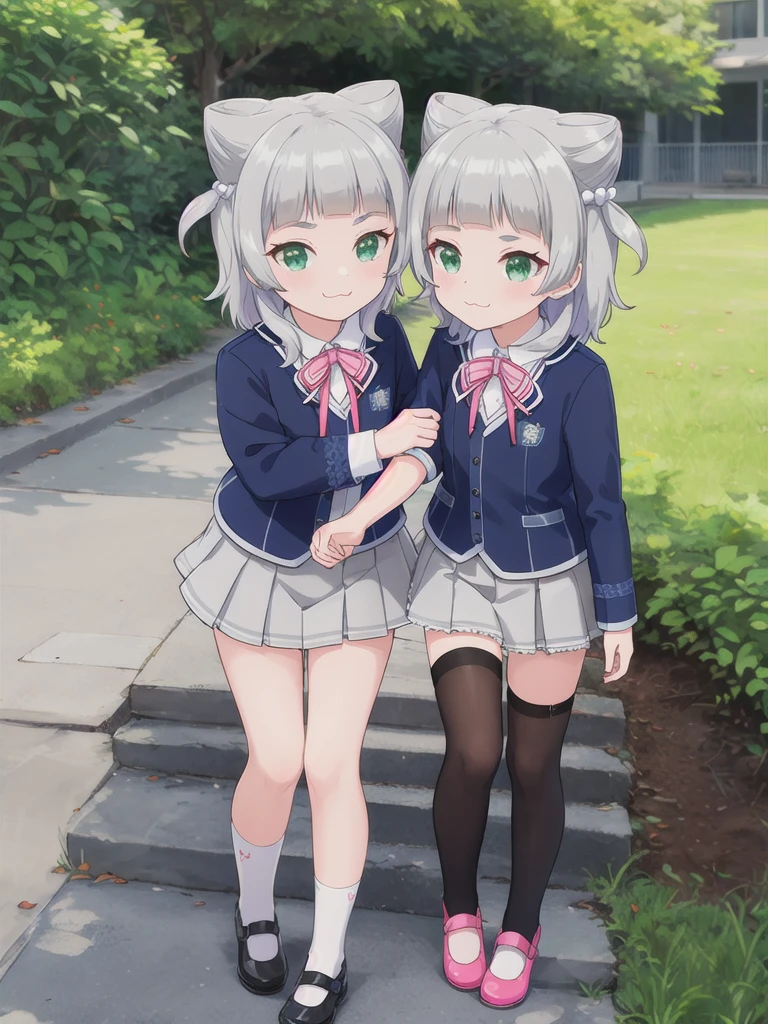 Highest quality,masterpiece,2person,hetero,Outdoor,((School building)),1girl,Green Eyes, Grey Hair, hair ornaments, bangs, Virtual YouTuber, blunt bangs, Double Bang, Animal ears, Flat Chest,uniform,Navy Blue Blazer,White shirt,Pink ribbon,Grey Skirt,Pink Panties,White long socks,Black low heels, :3,{{{{1boy,Black Hair,Short Hair,Shota,Put your face in the skirt}}}}