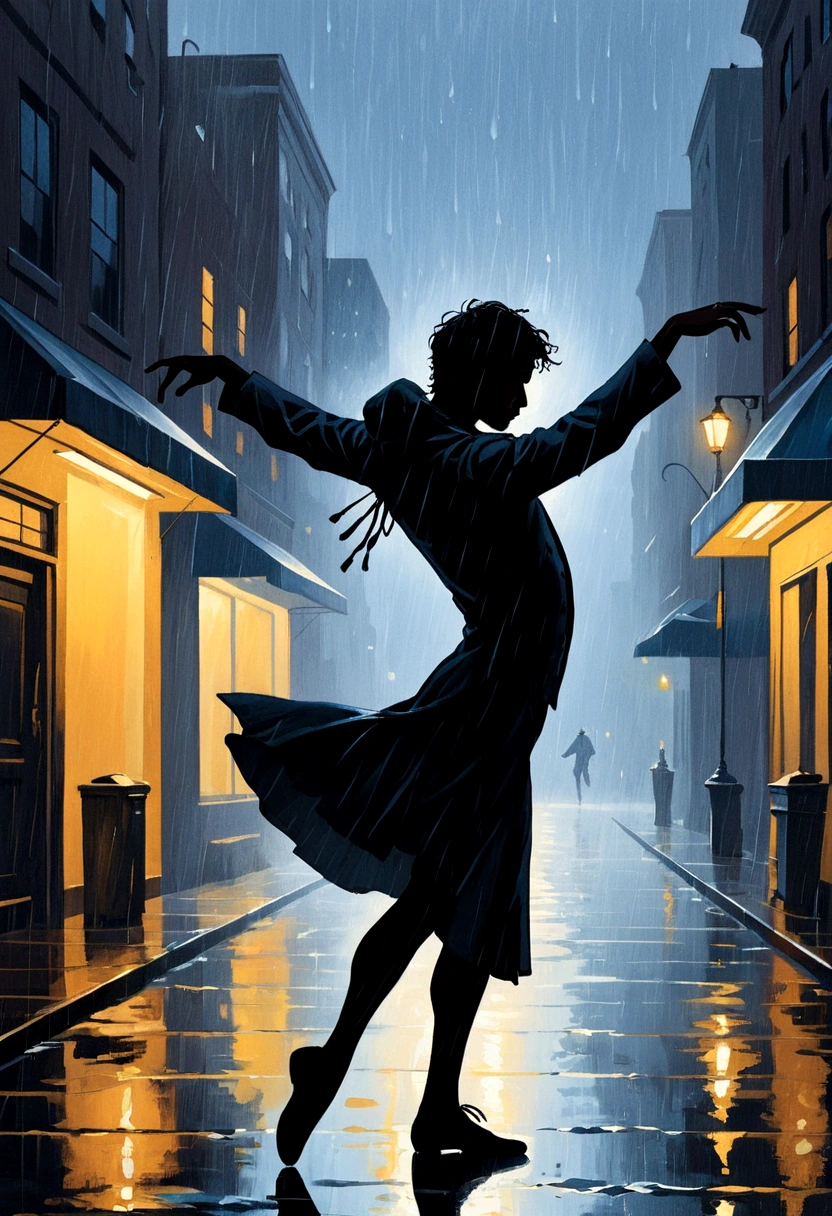 Soul Dancer Mark,Homeless man dancing in the rain,Silhouette,Particle oil painting,Elegant ballet dancer,Real light,The third rule of composition,Clear outline,Structured,Minimalism,artistic conception,Leave blank for rain,