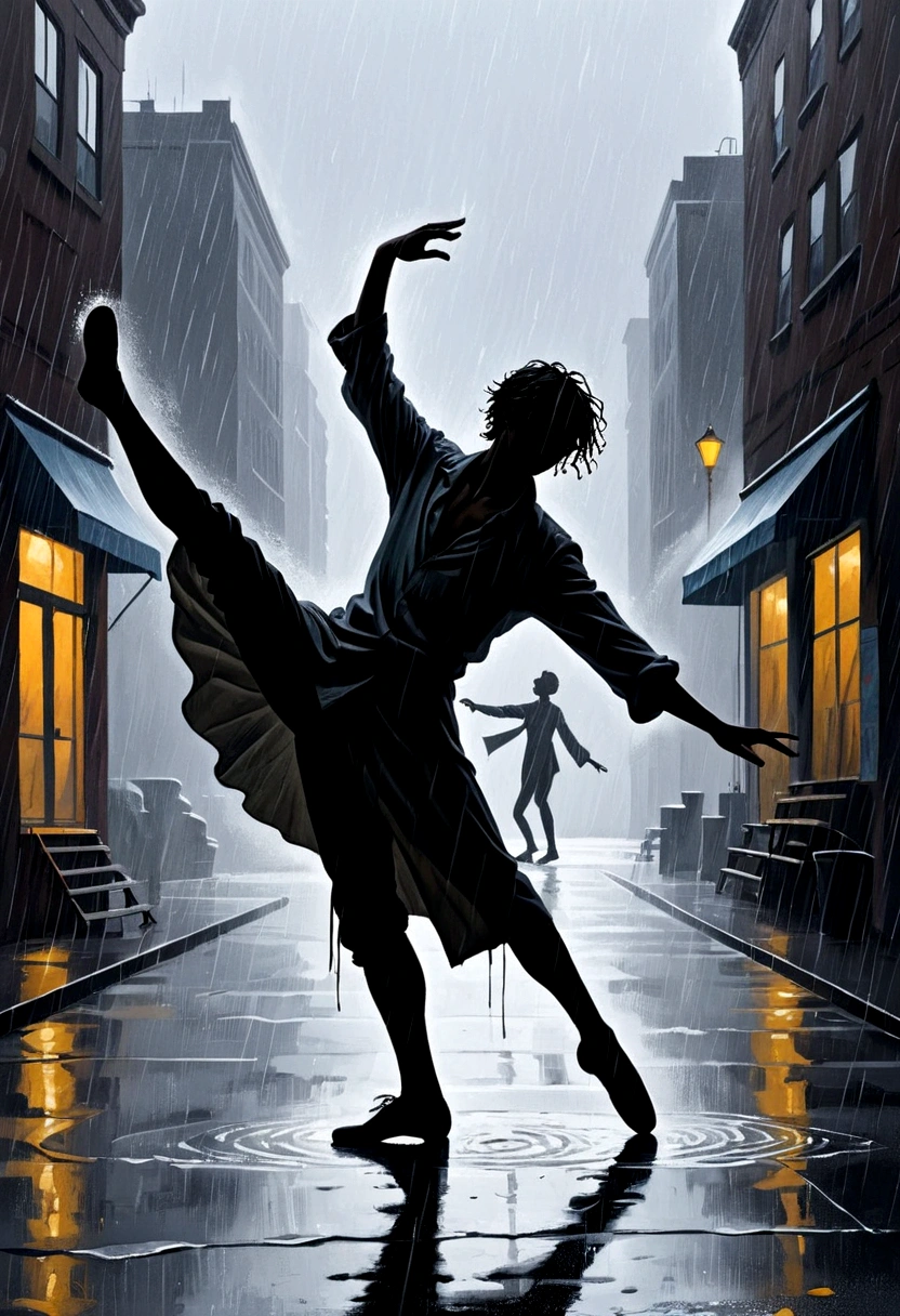 Soul Dancer Mark,Homeless man dancing in the rain，Silhouette，Particle oil painting，Elegant ballet dancer，Real light，The third rule of composition，Clear outline，Structured，Minimalism，artistic conception，Leave blank for rain，