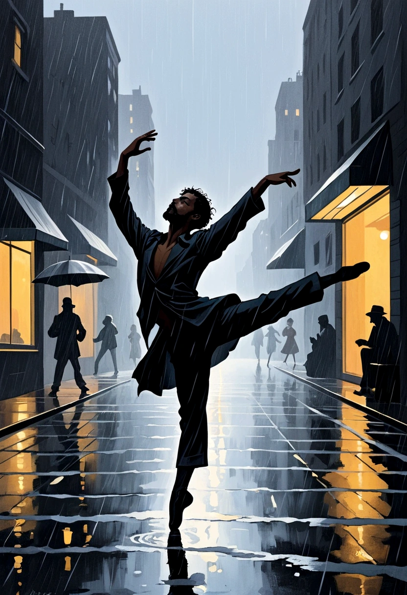 Soul Dancer Mark,Homeless man dancing in the rain，Silhouette，Particle oil painting，Elegant ballet dancer，Real light，The third rule of composition，Clear outline，Structured，Minimalism，artistic conception，Leave blank for rain，