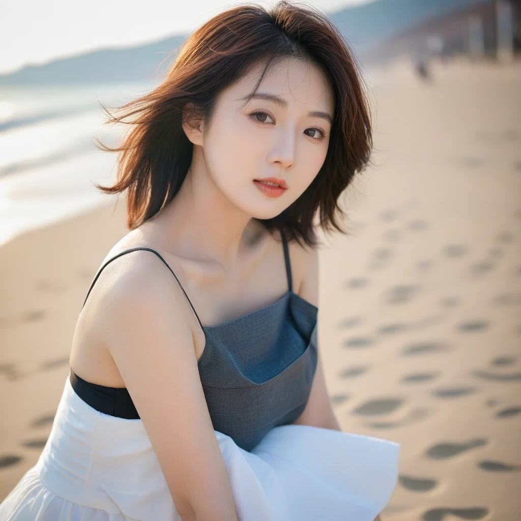 Close up of beautiful Korean woman, Chest size 34 inches, Wear rolled-up sleeveless tops, light skirt, sunset on the beach,바다에 잔광이 비치네sunset on the beach 붉은 태양,A strong lingering scent is reflected in the sea., Beautiful 46-year-old short Korean woman, Short medium hair blowing in the wind,Full-body photo taken from afar with a wide-angle lens, The background is clean and perfect., waves moved by the wind, best high definition