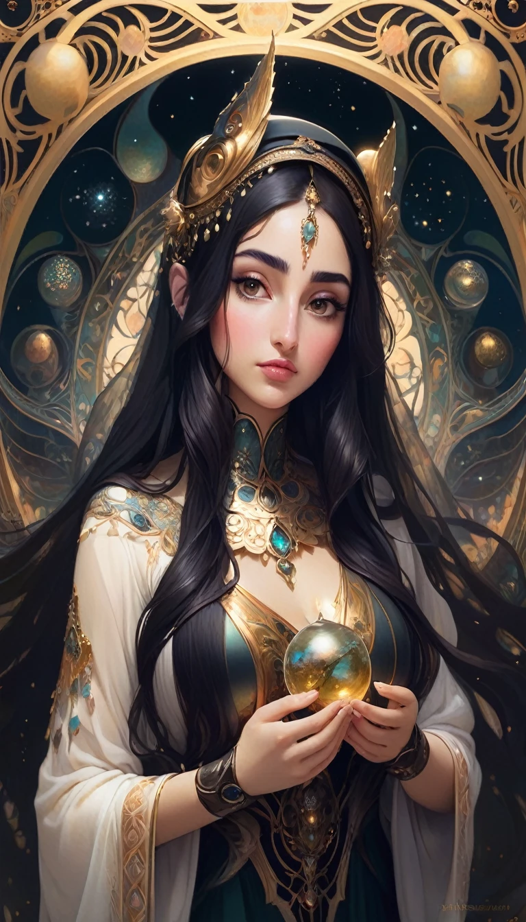 Look forward、high quality, Very detailed, Fantasy, At the forefront of this fascinating scene、Fantastic holy young Persian woman with long dark hair wearing hijab standing。, It harmoniously blends the whimsical imaginative presence of Hieronymus Bosch with the organic fluidity of Alphonse Mucha's Art Nouveau lines.。, This woman is a fascinating focal point, Embodying the essence of surreal glamour and organic elegance, Add an otherworldly feel, H-inspired elements.R. Giger's biomechanical aesthetic blends seamlessly with the cosmic landscape, by yukisHe is old, Amazing full color,He is old, Very detailed,