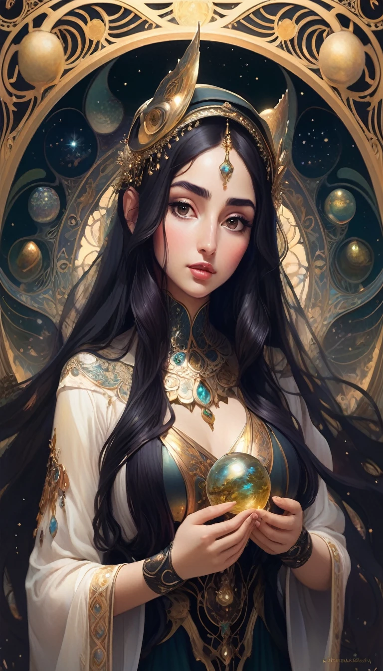 Look forward、high quality, Very detailed, Fantasy, At the forefront of this fascinating scene、Fantastic holy young Persian woman with long dark hair wearing hijab standing。, It harmoniously blends the whimsical imaginative presence of Hieronymus Bosch with the organic fluidity of Alphonse Mucha's Art Nouveau lines.。, This woman is a fascinating focal point, Embodying the essence of surreal glamour and organic elegance, Add an otherworldly feel, H-inspired elements.R. Giger's biomechanical aesthetic blends seamlessly with the cosmic landscape, by yukisHe is old, Amazing full color,He is old, Very detailed,