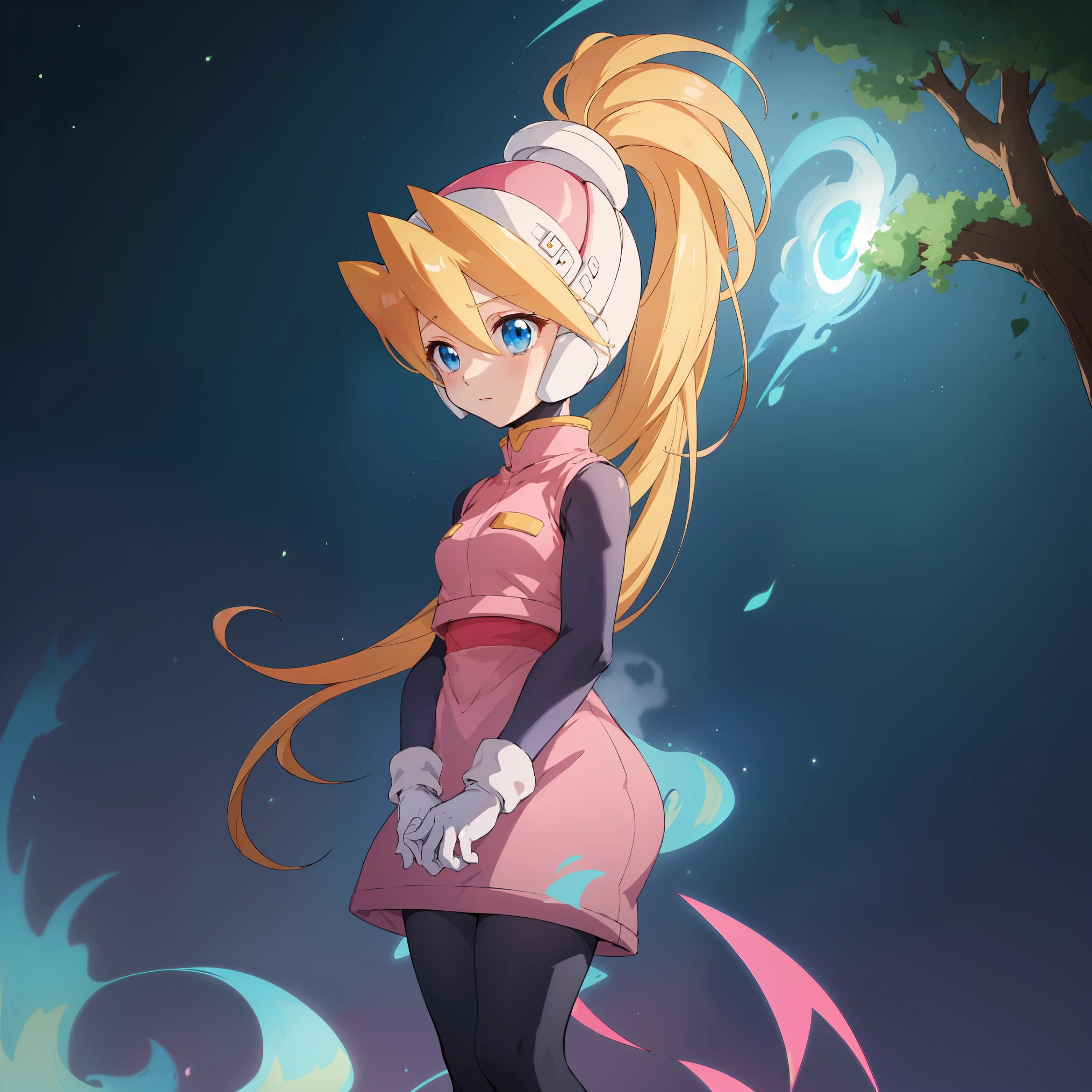 ciel_megamanz, 1girl, solo, long hair, blue eyes, blonde hair, ponytail, headgear, pantyhose, white gloves, pink dress, high quality, masterpiece, standing with green flames coming from a tree